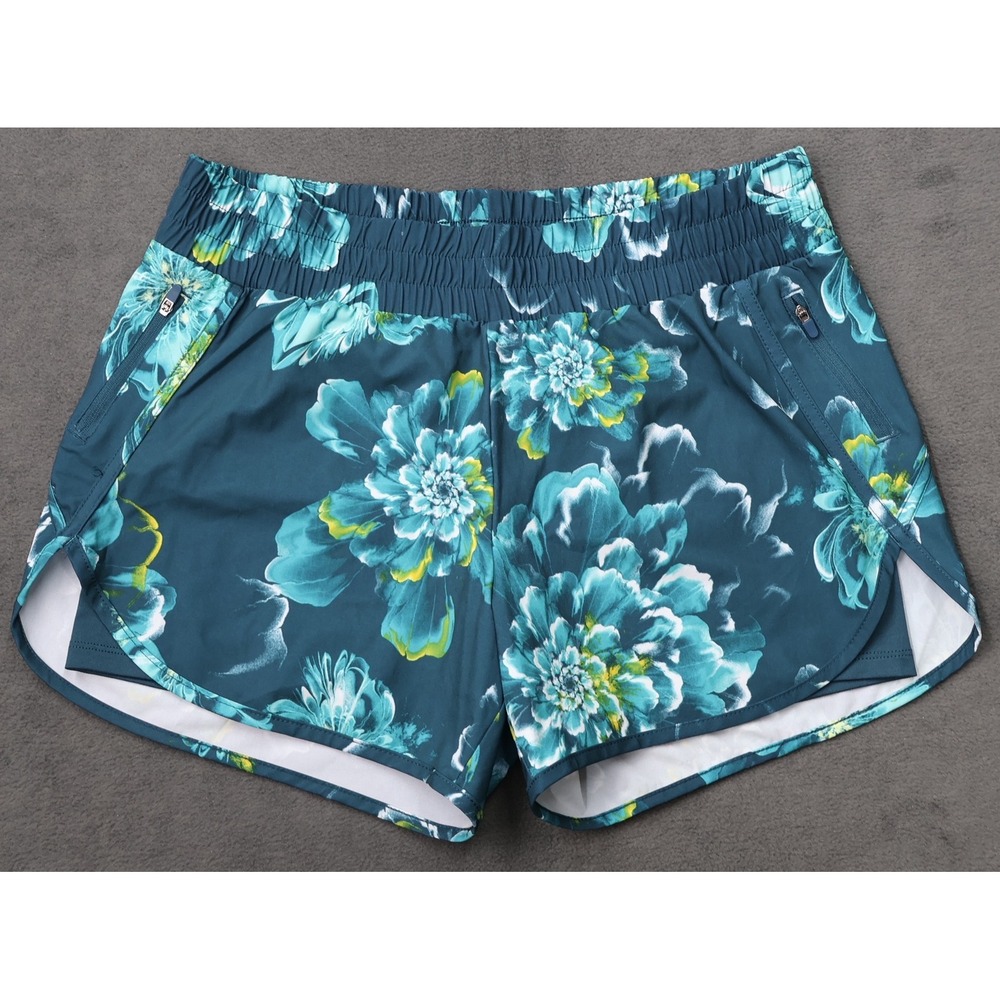 Avia Running Shorts Womens M 8-10 Blue Floral Excellent Zipper Pocket Smocked